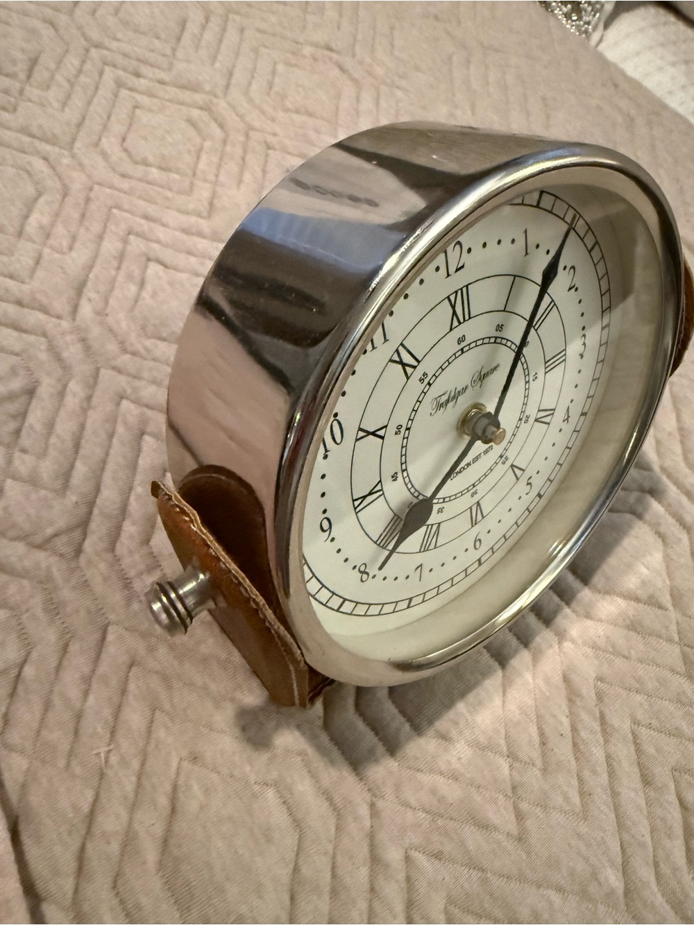 Trafalgar White Dial Clock with Brown Leather Travel Case - Picture 2 of 3